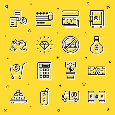 Set line Money payment transfer Tearing money banknote bag ATM and Diamond Broken piggy Paper or financial check and No icon. Vector.