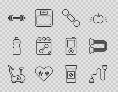 Set line Stationary bicycle Chest expander Dumbbell Heart rate Barbell Calendar fitness Anabolic drugs and icon. Vector.