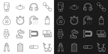 Set line Stationary bicycle Towel stack Punching bag Headphones Stopwatch Kettlebell Boxing glove and Shower head icon. Vector.