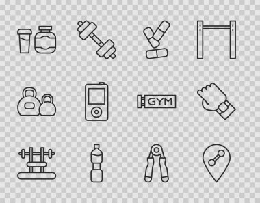 Set line Bench with barbel Location gym Vitamin pill Bottle of water Sports nutrition Music player expander and Smart watch hand icon. Vector.
