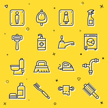 Set line Hairbrush Industry metallic pipe Washer Female toilet Hand sanitizer bottle Shaving razor Male and Water tap icon. Vector.