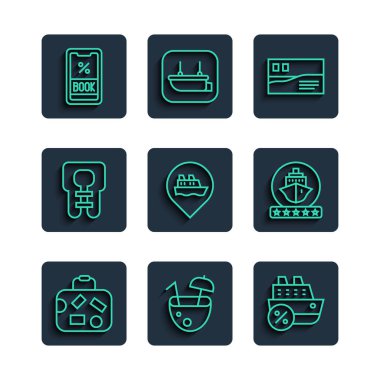 Set line Suitcase Coconut cocktail Cruise ship Postcard travel Location with cruise Life jacket ticket and icon. Vector.