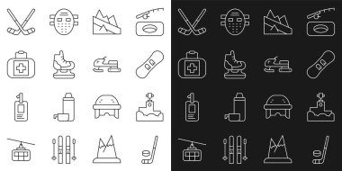 Set line Ice hockey stick and puck Award winner podium Snowboard Mountain descent Skates First aid kit sticks and Snowmobile icon. Vector.