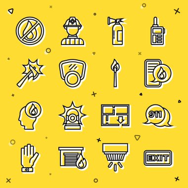 Set line Fire exit Telephone call 911 Phone with emergency extinguisher Gas mask Firefighter axe No fire and Burning match icon. Vector.