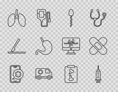 Set line Emergency phone call Syringe Sperm car Lungs Human stomach X-ray shots and Crossed bandage plaster icon. Vector.