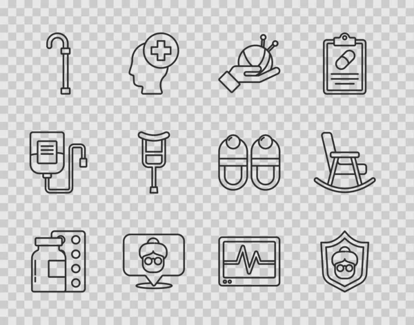 Set line Pills in blister pack Grandmother Yarn ball with knitting needles Nursing home Walking stick cane Crutch or crutches Monitor cardiogram and Rocking chair icon. Vector.