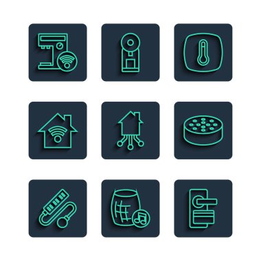 Set line Electric extension cord Voice assistant Digital door lock Thermostat Smart home with wi-fi coffee machine and Water sensor icon. Vector.