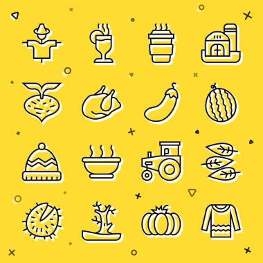 Set line Sweater Leaf or leaves Watermelon Coffee cup to go Roasted turkey chicken Beet Scarecrow and Eggplant icon. Vector.