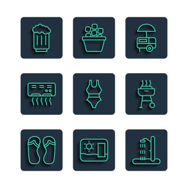 Set line Flip flops Travel postcard Beach shower Fast street food cart Swimsuit Air conditioner Wooden beer mug and Barbecue grill icon. Vector.