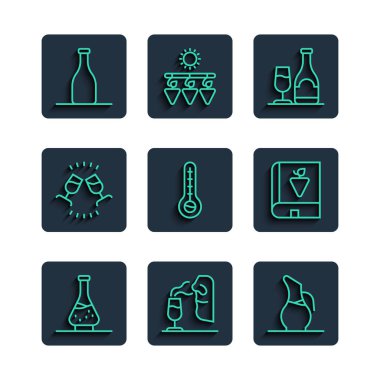 Set line Decanter for wine Sommelier Wine bottle with glass Meteorology thermometer tasting degustation Bottle of and Book about grapes icon. Vector.