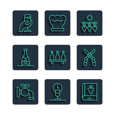 Set line Tap for a barrel Wine time Book about grapes Drying Bottle of wine Champagne bottle tasting degustation and Gardening scissors icon. Vector.