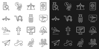 Set line Calendar and airplane Flight time Plane Trolley baggage Lost and Suitcase icon. Vector.