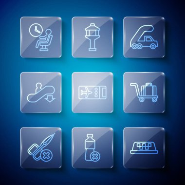 Set line No scissors water bottle Taxi car roof Passenger ladder for plane boarding Airline ticket Escalator down Human waiting airport terminal and Trolley baggage icon. Vector.