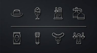 Set line Oktoberfest hat Beer can brewing process Sausage on the fork Bottle opener Glass of beer tap and with glass icon. Vector.