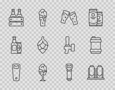 Set line Bottle opener Beer brewing process Glass of beer Pack bottles Hop and Metal keg icon. Vector.