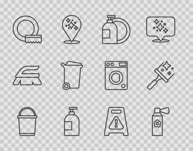 Set line Bucket Air freshener spray bottle Dishwashing liquid Washing dishes Trash can Wet floor and Rubber cleaner for windows icon. Vector.