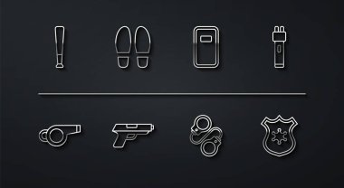 Set line Baseball bat Whistle Police electric shocker Handcuffs Pistol or gun Footsteps badge and assault shield icon. Vector.