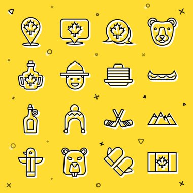 Set line Flag of Canada Mountains Kayak Canadian maple leaf ranger hat Bottle syrup and Stack pancakes icon. Vector.