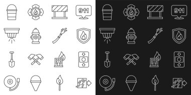 Set line Fire exit alarm system protection shield Road barrier hydrant Smoke bucket and hose reel icon. Vector.