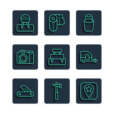 Set line Swiss army knife Hammer Location for camping Bucket Bench Photo camera Barbecue grill and Rv Camping trailer icon. Vector.
