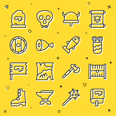 Set line Viking book Antique treasure chest Quiver with arrows horned helmet Chicken leg Shield viking Magic rune and Fish icon. Vector.