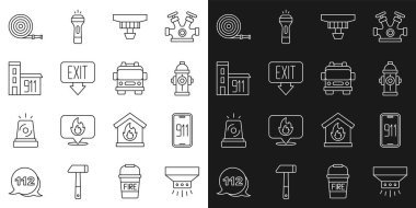 Set line Fire sprinkler system Mobile emergency call 911 hydrant Smoke alarm exit Building of fire station hose reel and truck icon. Vector.