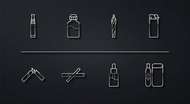 Set line Electronic cigarette Broken Lighter Vape liquid bottle No smoking and Marijuana joint spliff icon. Vector.
