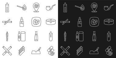 Set line Medical nicotine patches Electronic cigarette Ashtray Tobacco leaf Vape liquid bottle No smoking and icon. Vector.