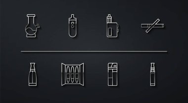 Set line Bong Vape liquid bottle No smoking Lighter Cigar Electronic cigarette and mod device icon. Vector.