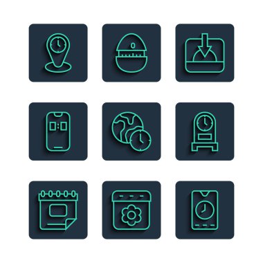 Set line Calendar spring Alarm clock app mobile Sunset World time Time zone clocks and Antique icon. Vector.