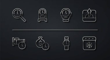 Set line Magnifying glass with clock Time to sleep Sunrise Wrist watch money Antique Calendar winter and Clock icon. Vector.