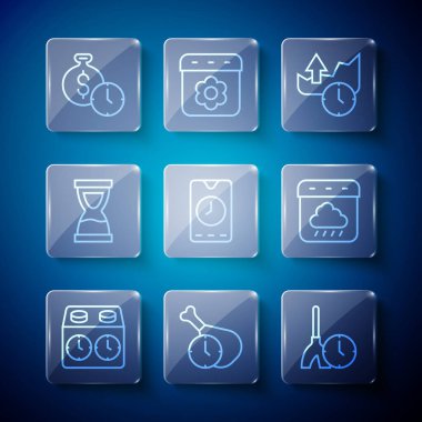 Set line Time chess clock Food time Cleaning Stocks market growth graphs Alarm app mobile Old hourglass is money and Calendar autumn icon. Vector.