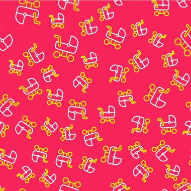 Line Baby bebek arabası simgesi kırmızı arkaplanda izole edilmiş. Bebek arabası, at arabası, bebek arabası, bebek arabası, tekerlek. Vektör.