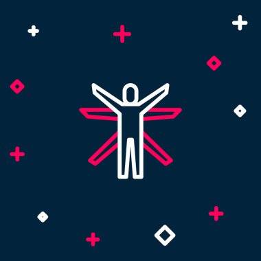 Line Vitruvian Man by Leonardo Da Vinci icon isolated on blue background. Human anatomy. Colorful outline concept. Vector.