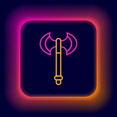 Parlayan neon hattı Ortaçağ balta simgesi siyah arka planda izole edildi. Savaş baltası, cellat baltası. Ortaçağ silahı. Renkli taslak konsepti. Vektör.