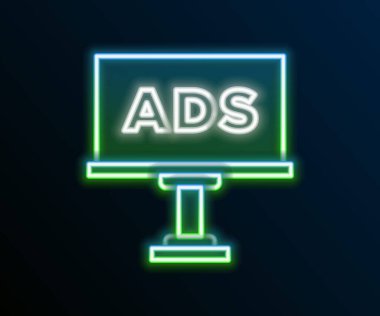 Parlayan neon hattı reklam simgesi siyah arkaplanda izole edildi. Pazarlama ve tanıtım süreci kavramı. İlgili reklamlar. Sosyal medya reklamcılığı. Renkli taslak konsepti. Vektör.