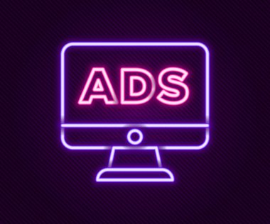 Parlayan neon hattı reklam simgesi siyah arkaplanda izole edildi. Pazarlama ve tanıtım süreci kavramı. İlgili reklamlar. Sosyal medya reklamcılığı. Renkli taslak konsepti. Vektör.