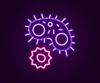 Parlayan neon hattı Virüs simgesi siyah arkaplanda izole edildi. Corona virüsü 2019-nCoV. Bakteri ve mikroplar, hücre kanseri, mikrop, mantar. Renkli taslak konsepti. Vektör.