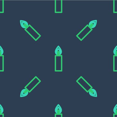 Çizgi Yanan mum simgesi mavi arkaplanda izole edilmiş pürüzsüz desen. Silindirik mum çubuğu ve yanan ateş. Vektör.