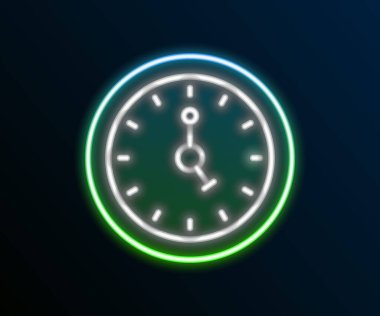 Parlayan neon çizgi saat simgesi siyah arkaplanda izole edildi. Zaman sembolü. Renkli taslak konsepti. Vektör.