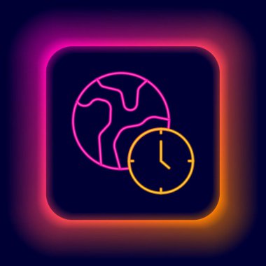 Glowing neon line World time icon isolated on black background. Colorful outline concept. Vector.