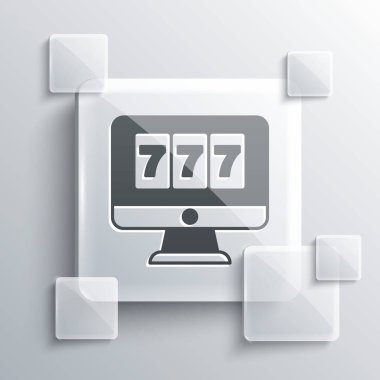 Gri arka planda izole edilmiş şanslı yedili büyük ikramiye ikonu olan Grey Online slot makinesi. İnternetteki kumarhane. Kare cam paneller. Vektör.