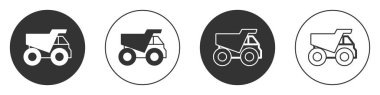 Black Mining dump truck icon isolated on white background. Circle button. Vector.