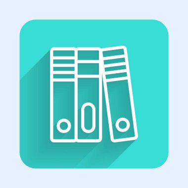 Beyaz Hat Ofis dosyaları, uzun gölgeli belge ve kağıtlar. Ofis dosyaları. Dosya arşivleme işareti. Yeşil kare düğmesi. Vektör.