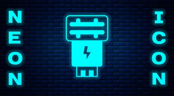 Glowing Neon Photo Camera Flash Icon Isolated Brick Wall Background — Stock Vector