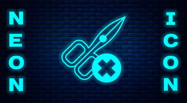 Glowing Neon Scissors Icon Isolated Brick Wall Background Vector — Vector de stock