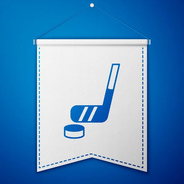Blauer Eishockeyschläger Und Pucksymbol Isoliert Auf Blauem Hintergrund Weiße Wimpelvorlage — Stockvektor