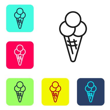 Beyaz arka planda izole edilmiş waffle külahlı siyah çizgi dondurma. Güzel sembol. Renkli kare düğmelerle simgeleri ayarla. Vektör.