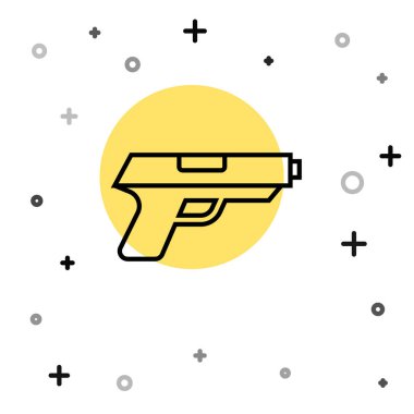 Siyah çizgi tabanca ya da silah ikonu beyaz arkaplanda izole edilmiş. Polis ya da askeri silah. Küçük ateşli silah. Rastgele dinamik şekiller. Vektör.