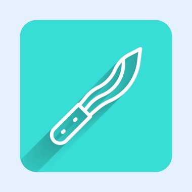 White line Machete or big knife icon isolated with long shadow background. Green square button. Vector.